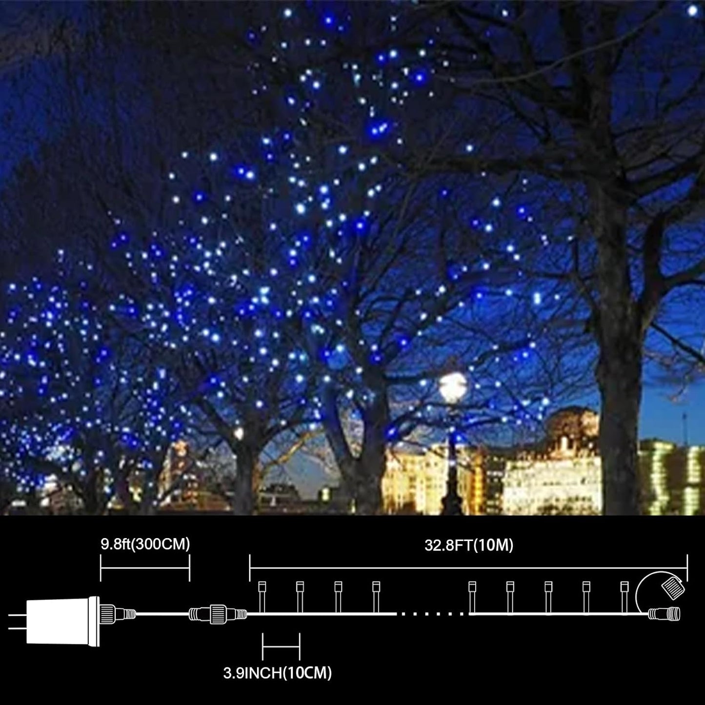 33ft Christmas Decorative Mini Lights, 100 LED Transparent Wire Fairy Starry String Lights Plug in, 16 Lighting Modes for Outdoor Xmas Tree Wedding Party Decoration (White+Blue)
