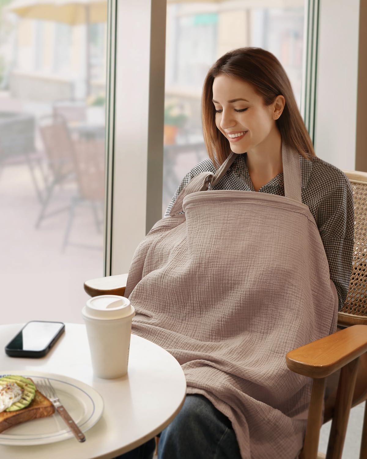 Blissful Diary Muslin Nursing Cover for Breastfeeding, Breathable Breastfeeding Cover up with Arch Neckline for Women, Nursing Apron (Agreeable Gray)