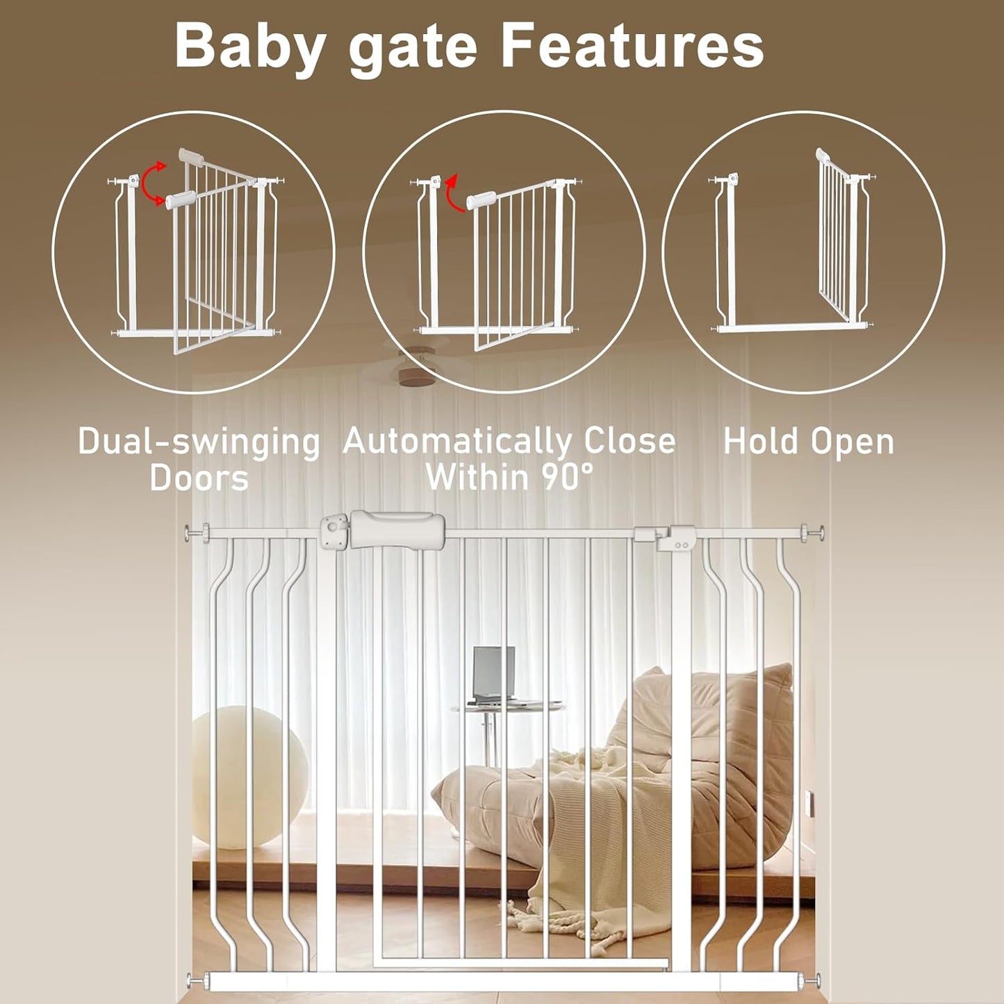 ALLAIBB Extra Wide Baby Gate Pressure Mount with Auto-Close, White Metal Safety Gate for Stairs & Doorways - Child Proof, Pet Barrier for Hallways, Kitchen, Living Room for 38.58-43.31 inch