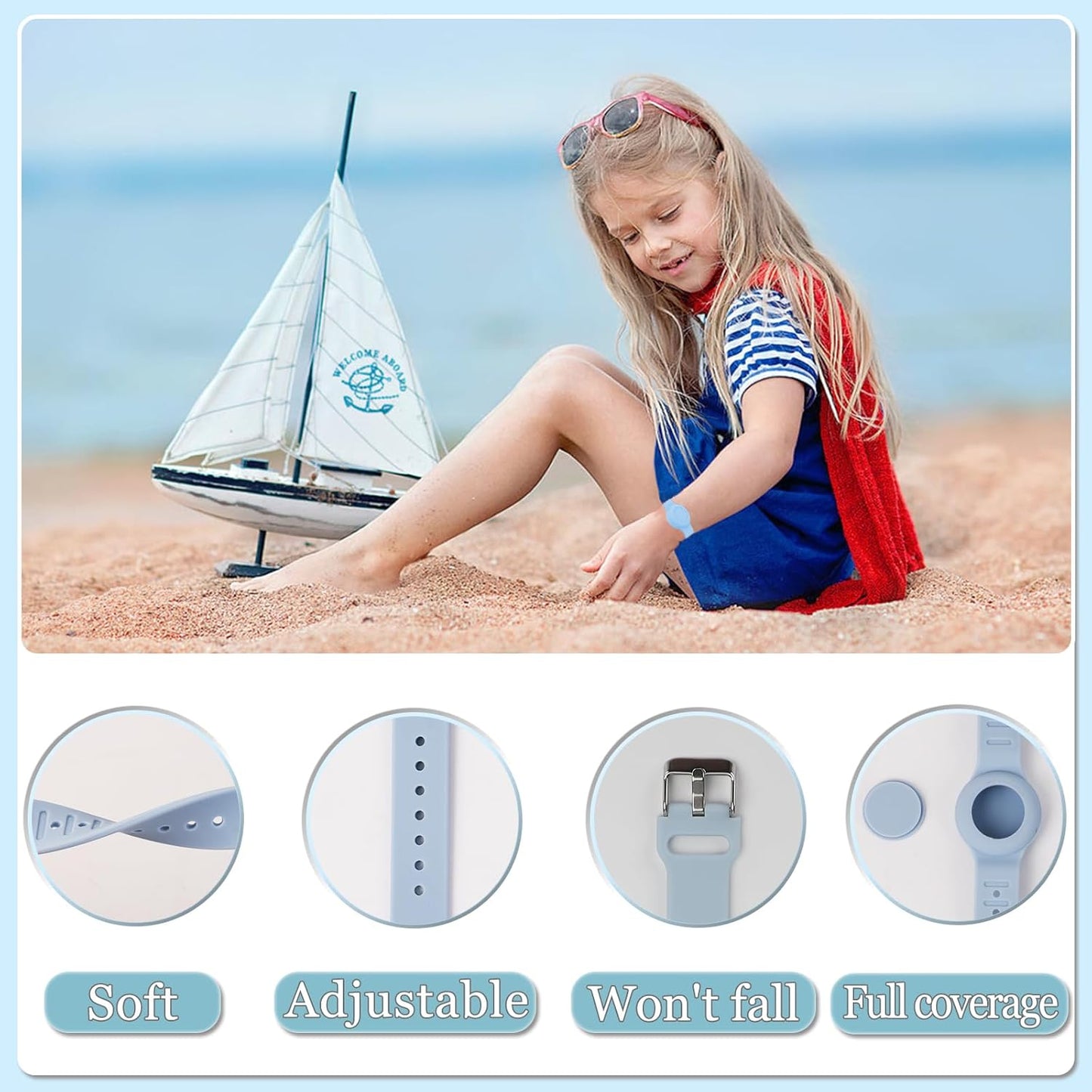 Waterproof Airtag Bracelet for Kids, Silicone Wristband Compatible with Apple Air Tag Hidden Holder Case, GPS Tracker Anti-Lost Adjustable Airtag Strap for Toddler Child (2 Pack, Blue & Purple)