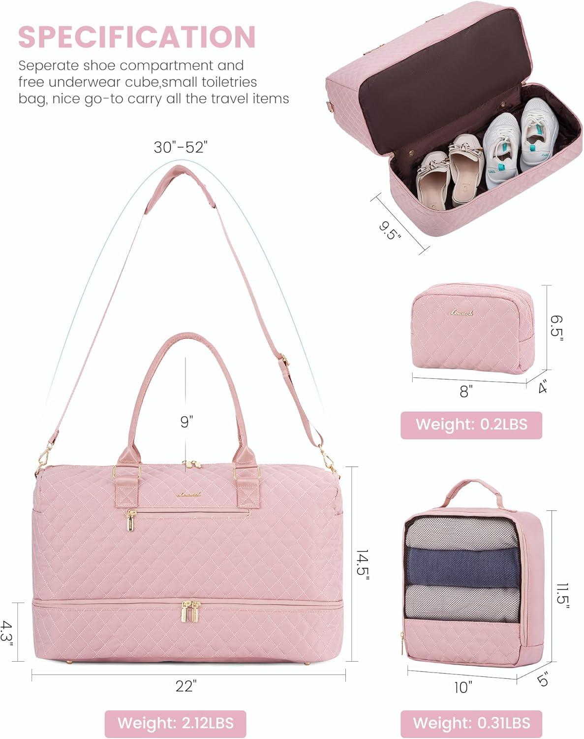 LOVEVOOK Travel Duffle Bag for Women, Weekender Overnight Bag with Shoe Compartment, Carry on Bag with Toiletry Bag, Gym Duffel Bag with Wet Pocket, Hospital Bags for Labor and Delivery 3 Pcs Set