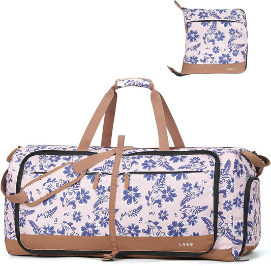Lekesky Foldable Travel Duffle Bag for Women, Large Duffel Bag with Separate Shoes Compartments & Straps, Carry On Weekend Bag for Women, Hospital, Overnight (Pink Floral Print, 80L)
