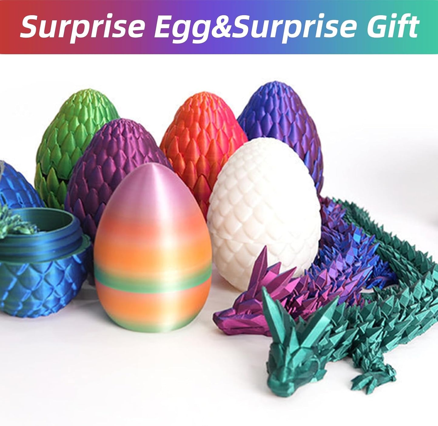 Easter Eggs 3D Printed Dragon Egg Dragon Eggs with Dragon Inside Fidget Toys Pendant Desk Decorative Easter Egg Fillers Easter Gifts for Boys Kids Home Office Decor (Rainbow)