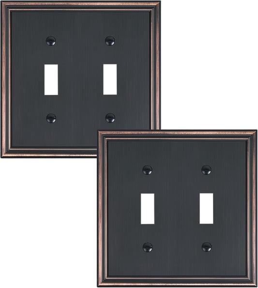 2-Pack Double Toggle Light Switch Cover Plate, Durable Solid Zinc Alloy Decorative Dual Switch Plate Covers, Aged Bronze 2 Gang Wall Plate, Corrosion Resistant