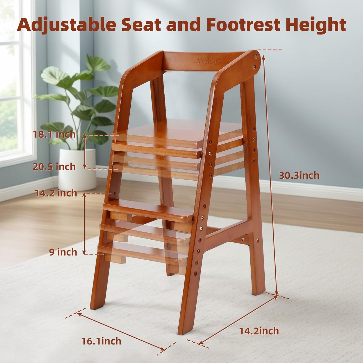 Wooden High Chair for Toddlers, Adjustable Dining Feeding Chair with Removable Cushion for Child, High Chair Grows with Your Kid with Steps for Kids Dining, Studying, Step Tool(Nut-Brown)