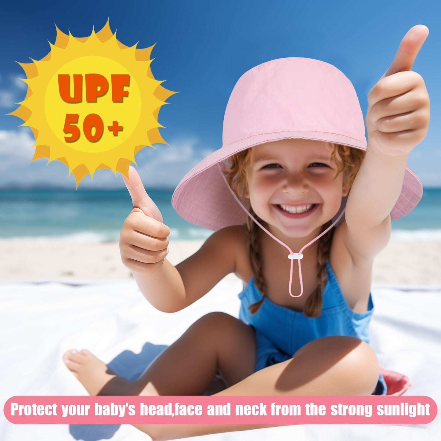 Baby Sun Hat Kids Summer UPF 50+ Toddler Bucket Hat Wide Brim Adjustable Beach Hats for Boys Girls Age 0-6 Years
