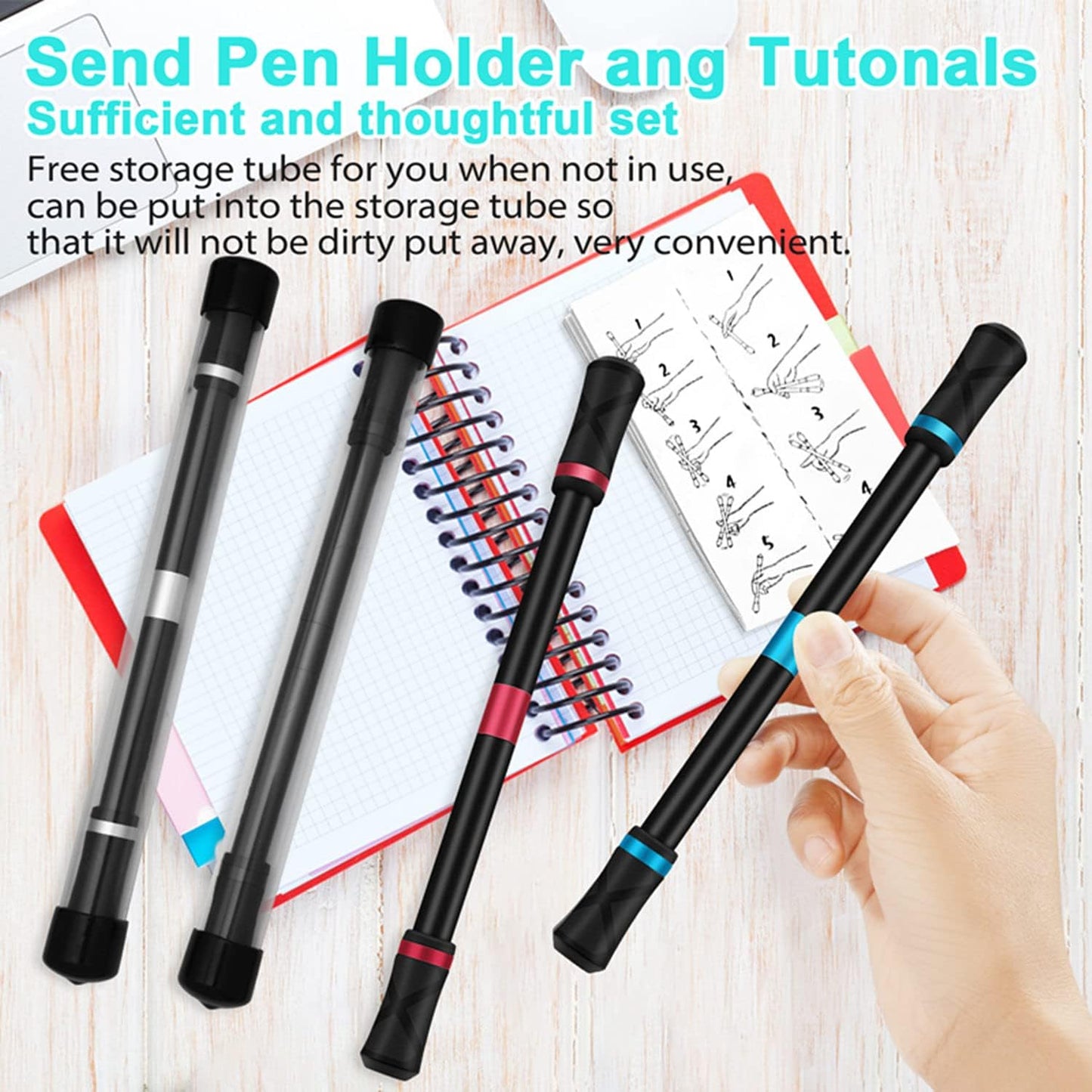 4 Pieces Pen Spinning Spinner Pen Gaming Pen Spinning Mod Gaming Spinning Pens Flying Spinning Pen Finger Rotating Pen for Kids Adults Office Supplies with Instruction Manual (Silver，Black, Red, Blue）