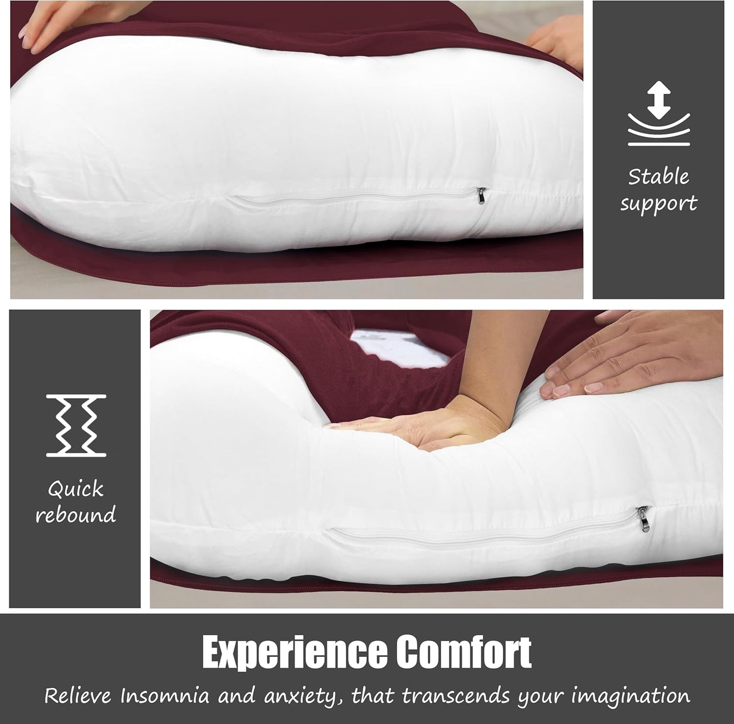 HIPHOP PANDA U-Shaped Pregnancy Pillow for Sleeping - Full Body Maternity Support Pillow with Cooling Removable Cover - Comfort for Back, HIPS, Legs, Belly - 57 Inch for Pregnant Women, Burgundy