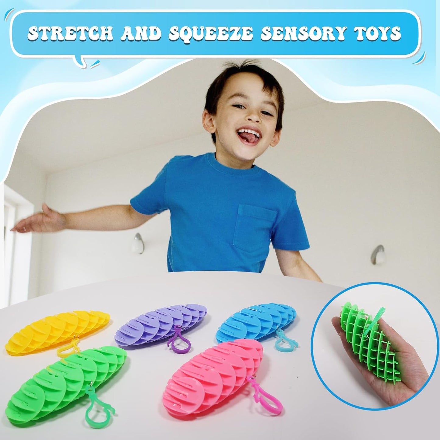 Hanging Decoration Style Elastic Worm Fidget Toy, Stretch and Squeeze Fidget Worm Sensory Toys for Kids,Gifts Stress and Anxiety Relief Calming Fidgets Desk Toys for Adults,Exercise Wrist (Blue)