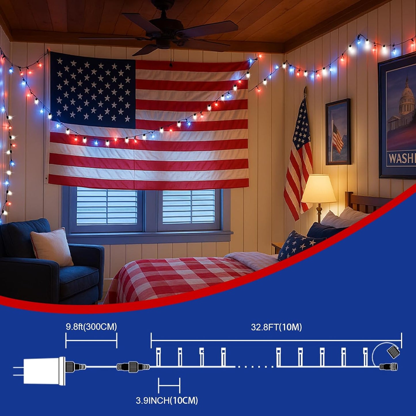 33ft Patriotic String Lights - Red White Blue Mini Lights, 100 LED Green Wire Fairy Starry String Lights Plug in, 11 Modes for Independence Day Celebration Party Memorial Day Decor