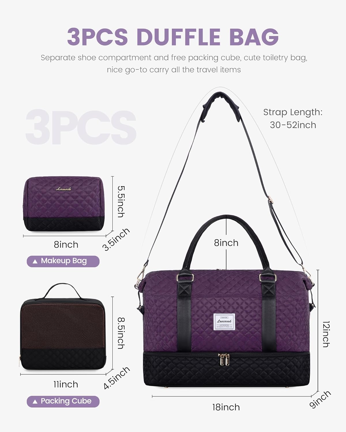 LOVEVOOK Travel Weekender Bag for Women, Carry on Overnight Bag with Shoe Compartment, Travel Duffle Bag Women, Yoga Gym Duffel Bag with Wet Pocket, Hospital Bags for Labor and Delivery, 3 Pcs Set