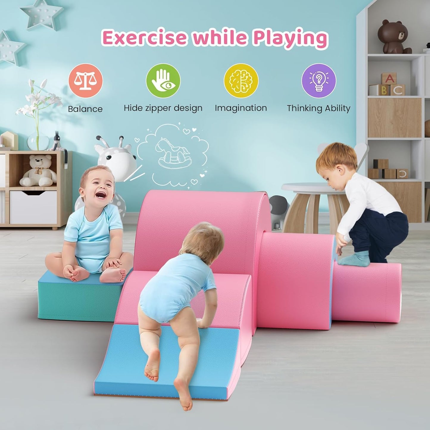 Lischwert Foam Climbing Blocks, Soft Climbing Toys for Toddlers, 5 Pieces Crawl and Climb Foam Playset with Foldable Block and Tunnel, Indoor Climber Activity Play Set for Kids Age 1+(Pink Blue)