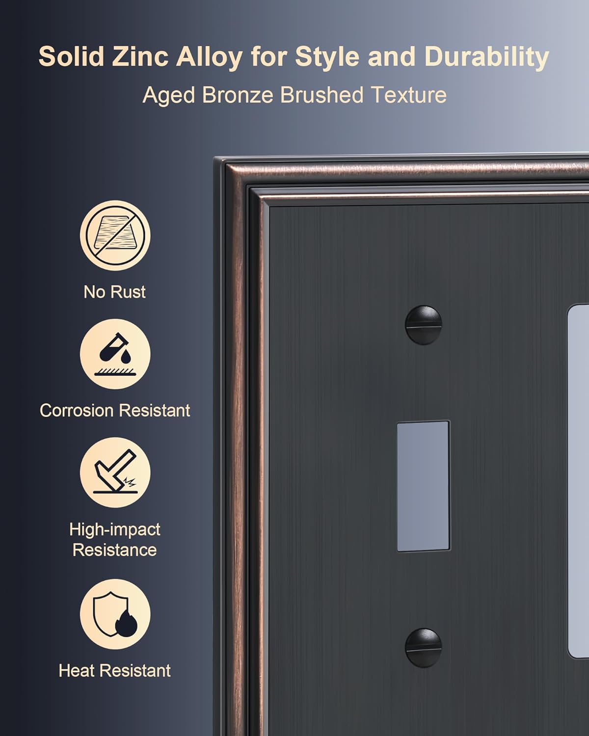 2-Pack Combo Toggle/Decorator Light Switch Cover Plate, Aged Bronze Decorative Electrical Outlet Covers, Durable Solid Zinc Alloy Wall Switch Plates and Outlet Covers