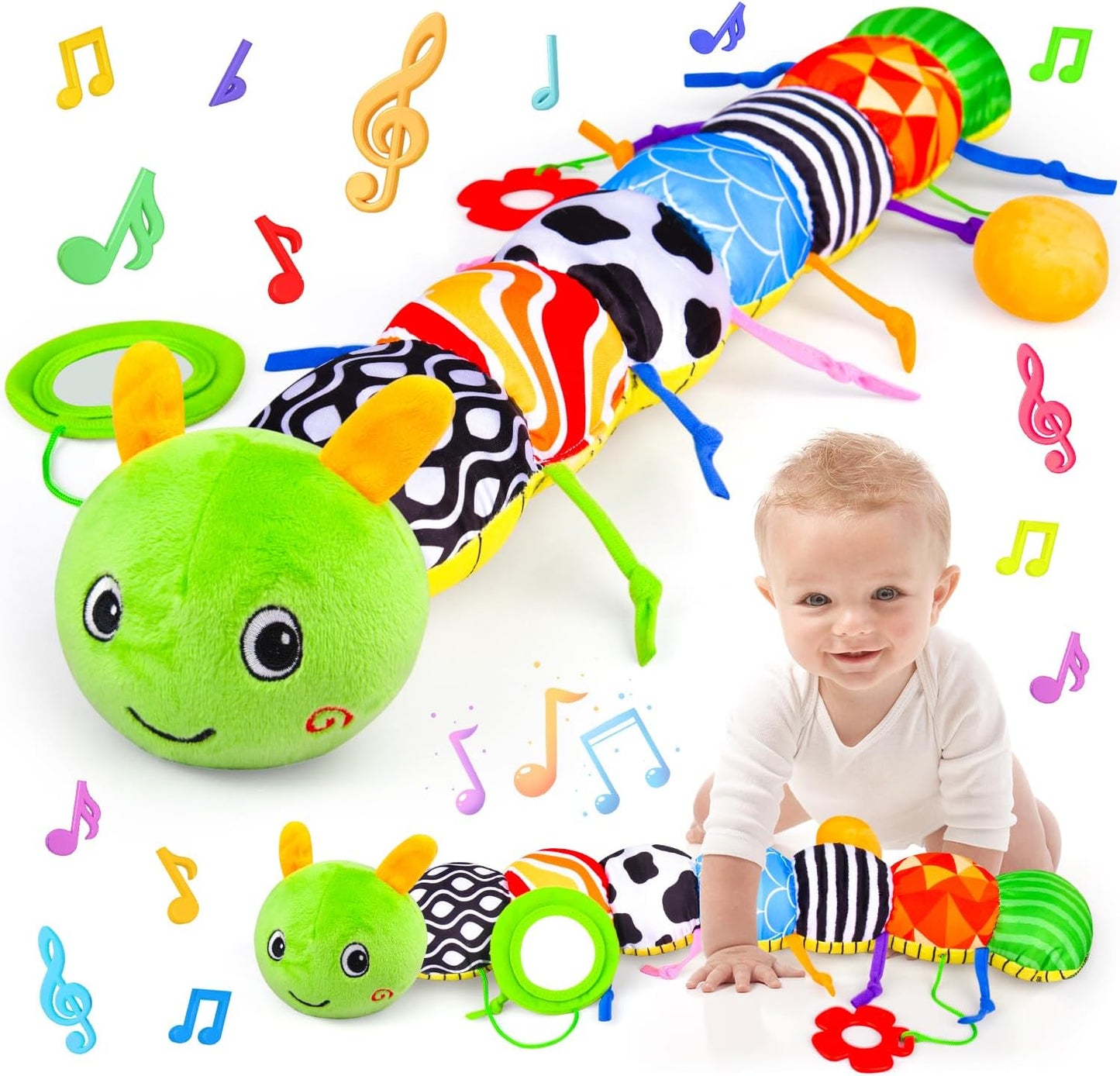 Baby Toys 0 to 12 Months, Stuffed Animal Infant Tummy Time Toys Sensory Toys with Crinkle, Rattles, Textures and Mirror Gifts for Newborn Boy Girls Toddlers, Caterpillar Musical Toy (Green)