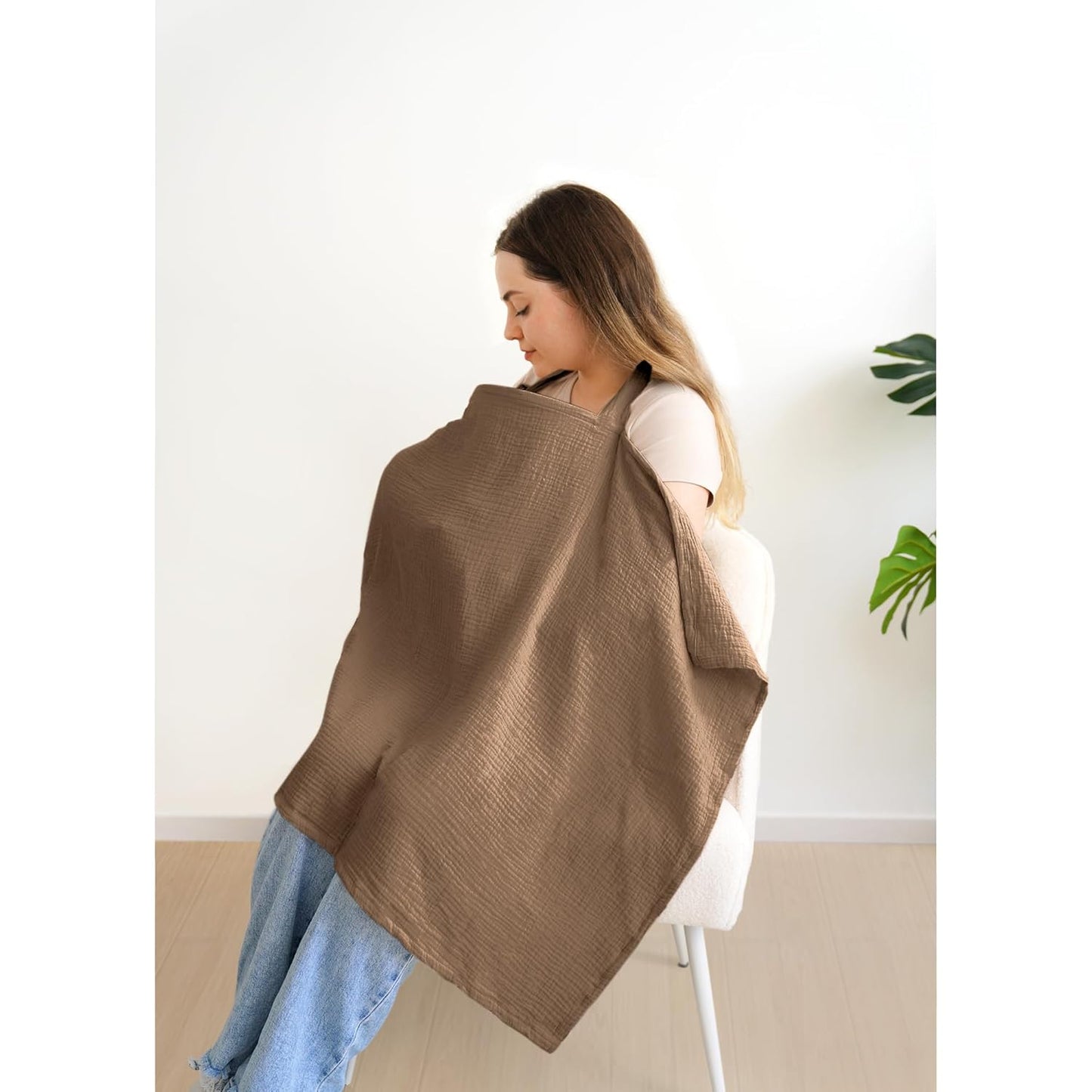 Muslin Nursing Covers for Breastfeeding, Privacy Breast Feeding Cover with Arch Neckline for Mom and Baby, Breathable 100% Cotton Nursing Apron Multi-use Stroller Cover