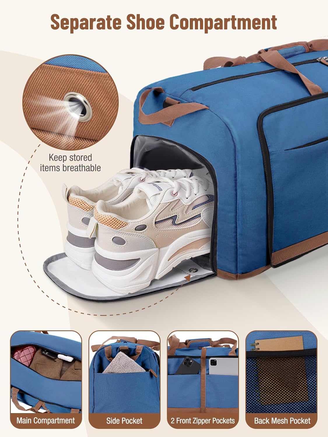 Lekesky Foldable Travel Duffel Bag for Women, 80L Large Duffle Bag with Separate Shoes Compartments & Straps, Carry On Weekend Bag for Women, Hospital, Overnight(Navy Blue)