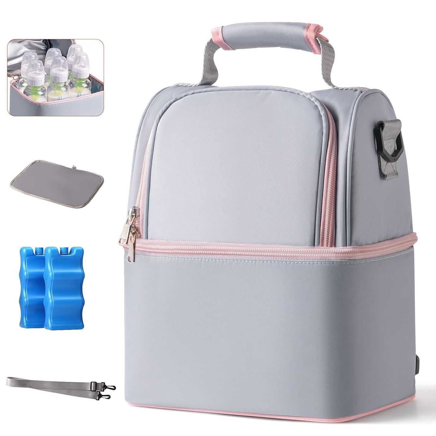 NCVI Breastmilk Cooler Bag with 2 Ice Pack, Breast Pump Bag with Cooler Fits 6 Bottles, Double Layer Breast Milk Baby Bottle Cooler Bag, for Travel, Nursing Mom Daycare, Work, Picnic (Grey)
