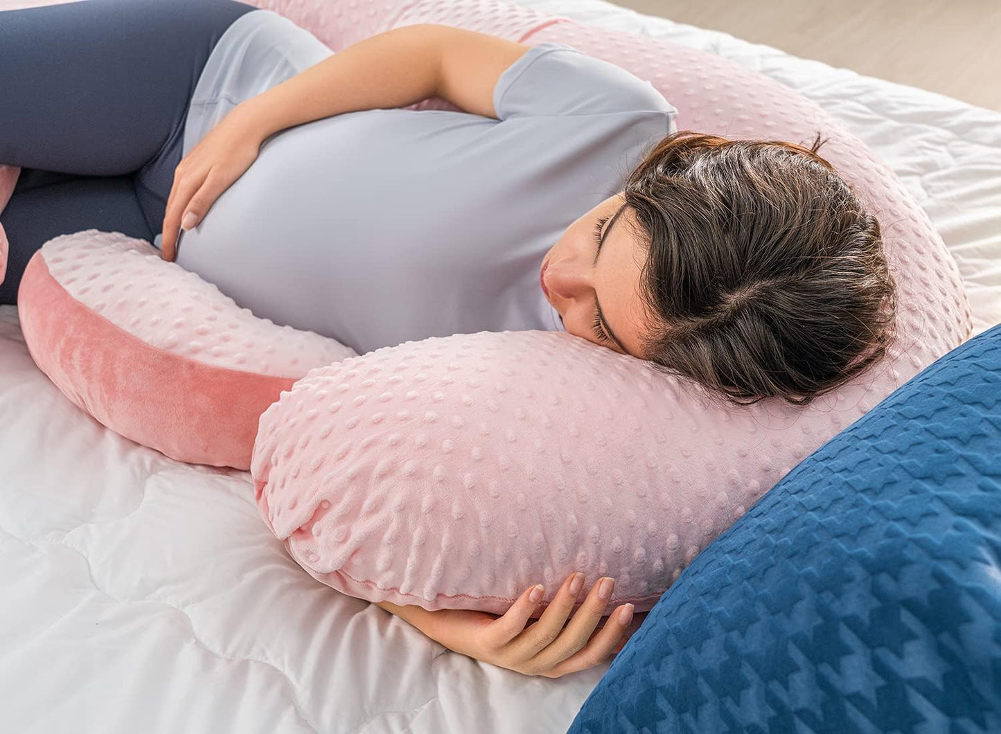 QUEEN ROSE Pregnancy Pillows - E Shaped Pregnancy Pillows for Sleeping, Detachable Body Pillow for Pregnant Side Sleeper, Pink Velvet, 60in