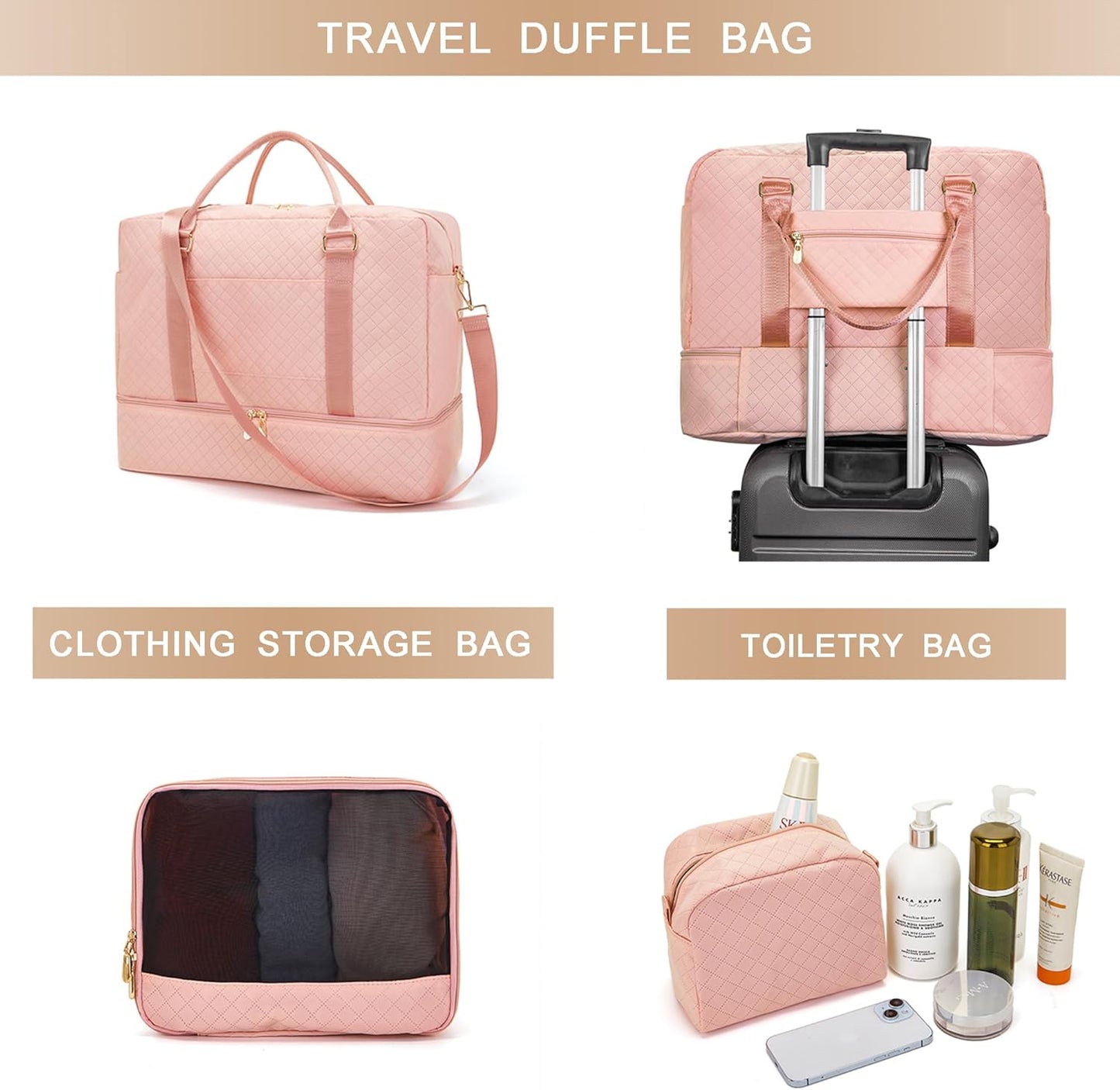 Soperwillton Women Travel Duffel Bags Carry On Overnight Bag with Shoe Compartment & Toiletry Pouch Gym Bag with Wet Pocket