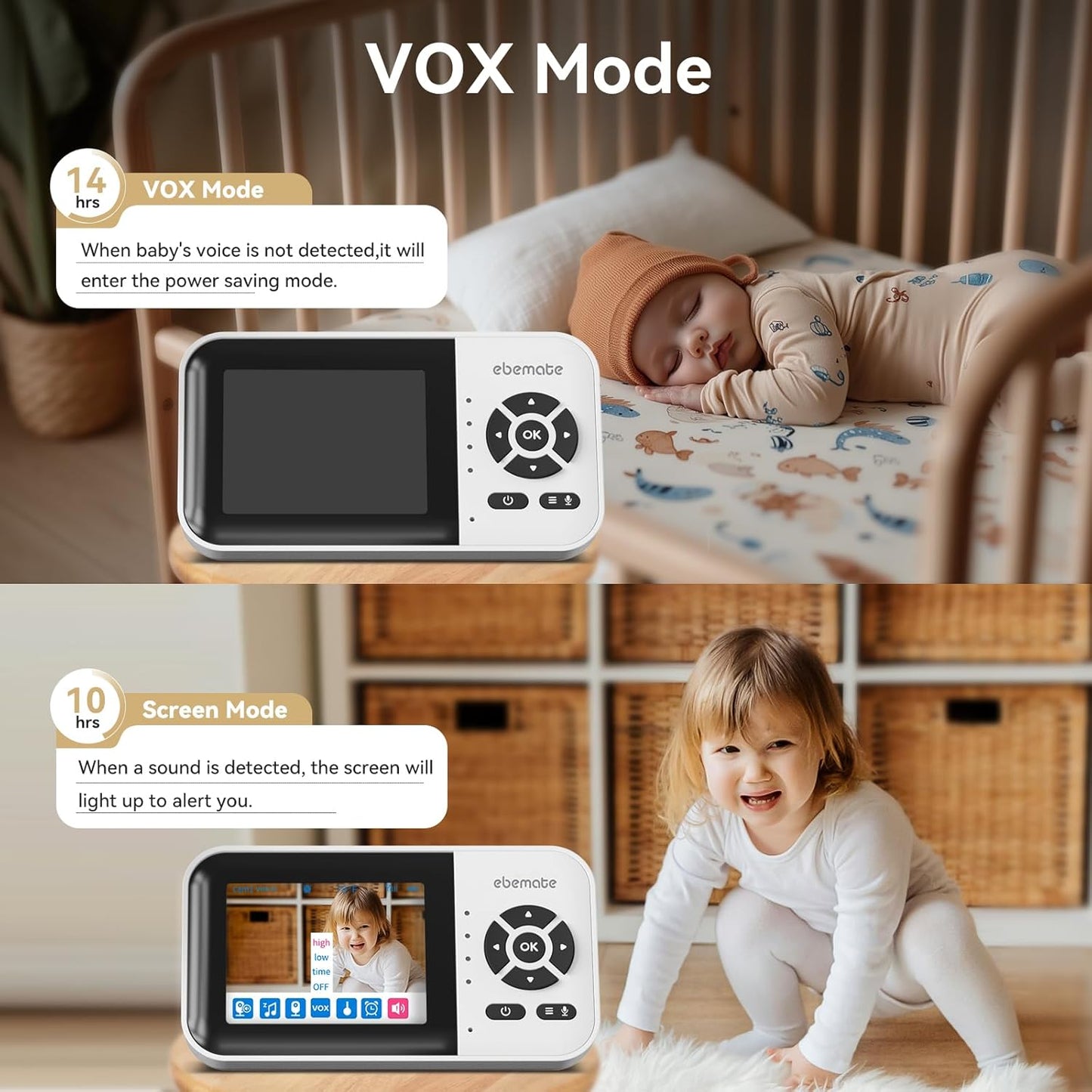 ebemate WiFi Video Baby Monitor,2.8" Display with 1080P Camera,No Glow Night Vision,2-Way Talk & 1500Ft Long Range,WiFi On/Off Cam Baby Monitoring EBS28