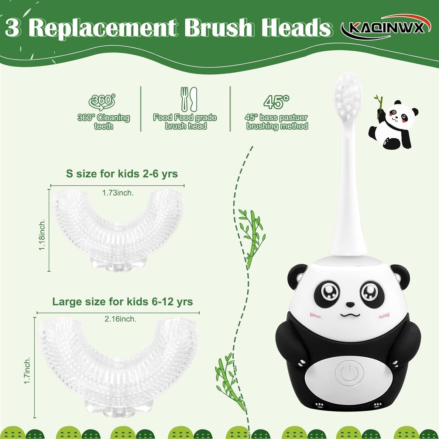 Kids U Shaped Electric Toothbrush for Age 2-12, Rechargeable Toddler Toothbrush with Smart Timer & 3 Clean Modes, Panda Design, IPX7 Waterproof, 3 Brush Heads & 360°Cleaning