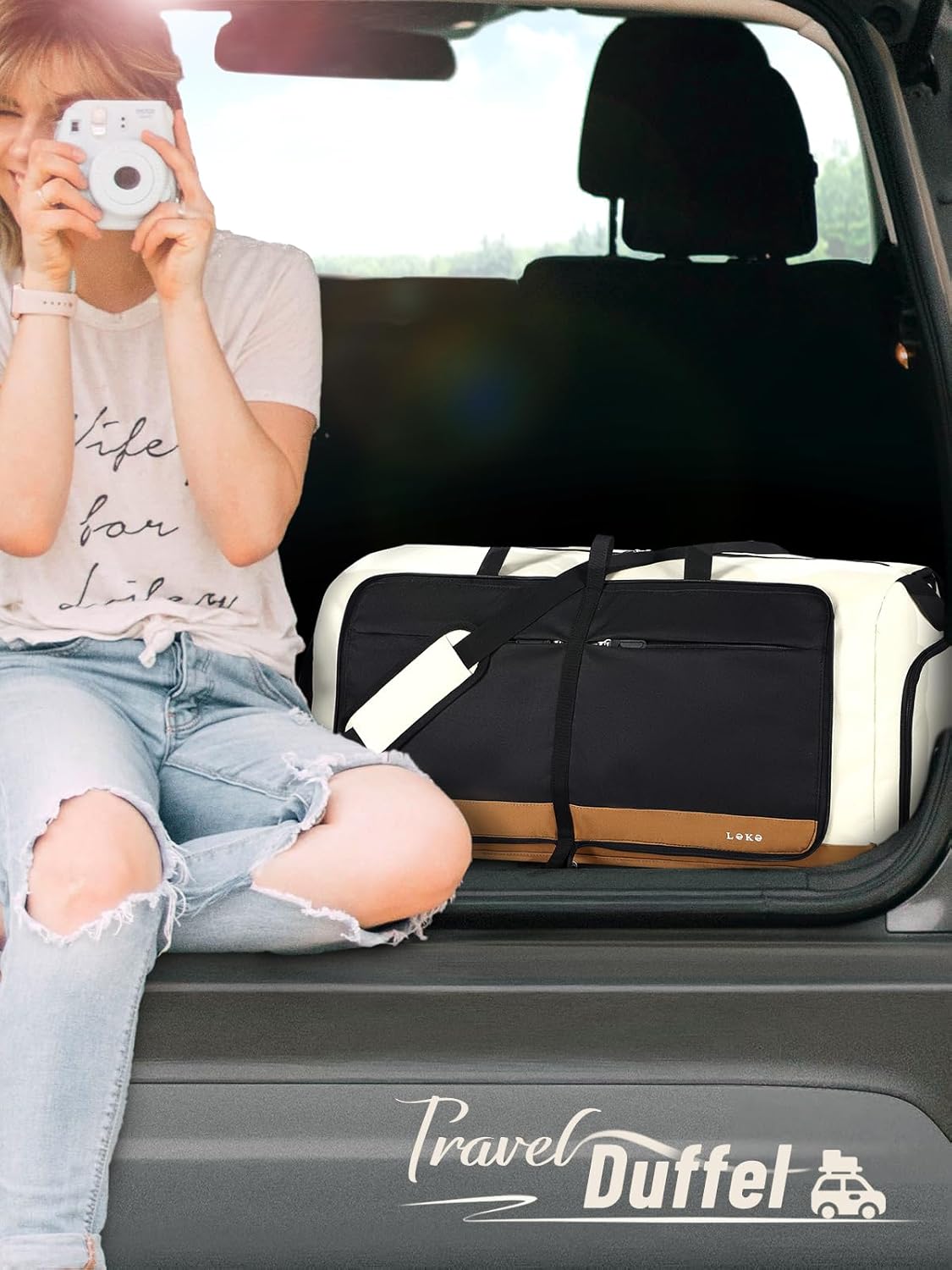 Lekesky Foldable Travel Duffle Bag for Women, Large Duffel Bag with Separate Shoes Compartments & Straps, Carry On Weekend Bag for Women, Hospital, Overnight (Camel & Brown, 80L)