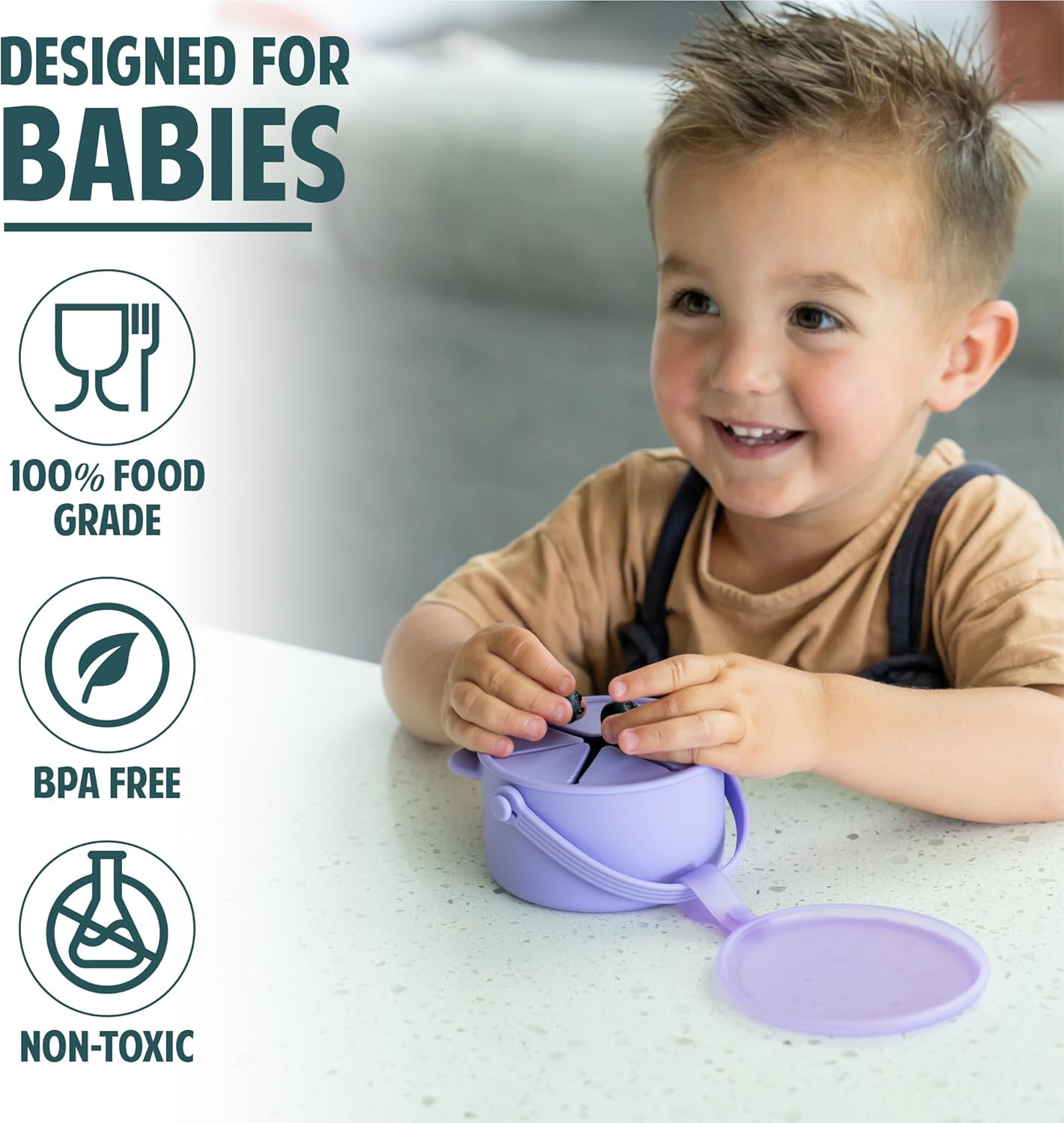 Silicone No Spill Snack Cups for Toddlers – Portable Baby Snack Cup Containers with Dustproof Lid – Dishwasher-Friendly Toddler Spill Proof Cups Without BPA, Lead, or Phthalates – Blue and Pink