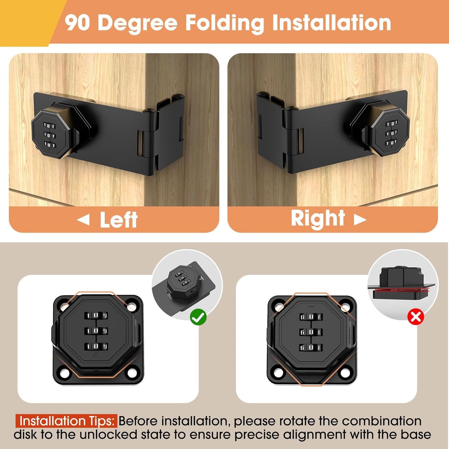 90 Degree Cabinet Locks with Combination, Mechanical Folding Door Latch, Keyless Password Rotary Hasp Latch Lock for Office File Cabinet, Drawers, Locker, Small Door, Cupboard (2, Black)