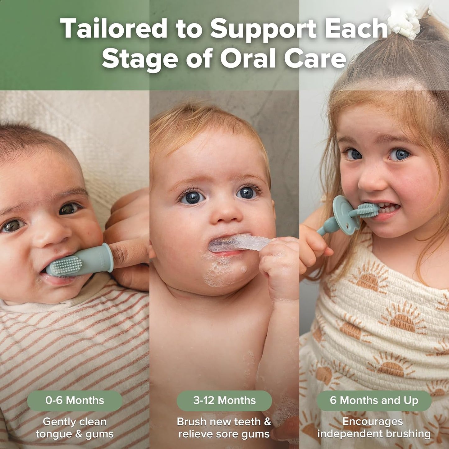 haakaa Training Toothbrush Set Oral Care Kit, Soft Silicone Toothbrush for Baby, Infants, Toddlers & Kids, Pea Green