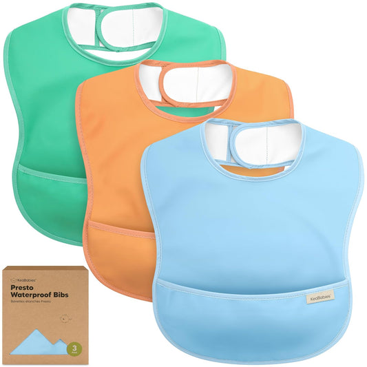 3-Pack Waterproof Baby Bibs for Eating - Lightweight Toddler Feeding Bibs with Large Food Catcher, Mess Proof, Food-Grade Baby Eating Essentials, Easy to Put On & Clean (Basics)