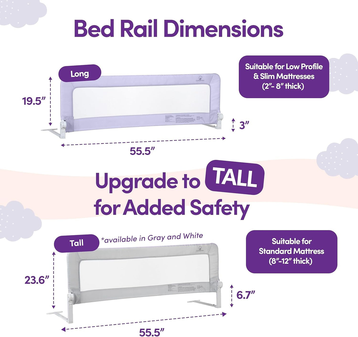 ComfyBumpy 1-Pack Bed Rail for Toddlers 55.5" L x 19.5" H | Toddler Bed Rails for Twin, Full, Queen & King Mattress Size | Swing Down Rail Guard | Mattress Side Rail for Kids | Purple