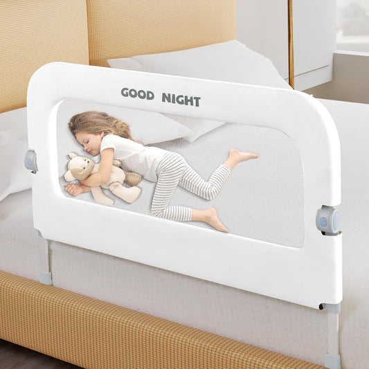 Bed Guard Rail for Toddlers - 32" Adjustable Heights & Folding up Portable Bed Railing for Baby - Toddler Bed Rails Guard for Crib, Twin, Bunk,Full Size, Queen & King Bed(White)