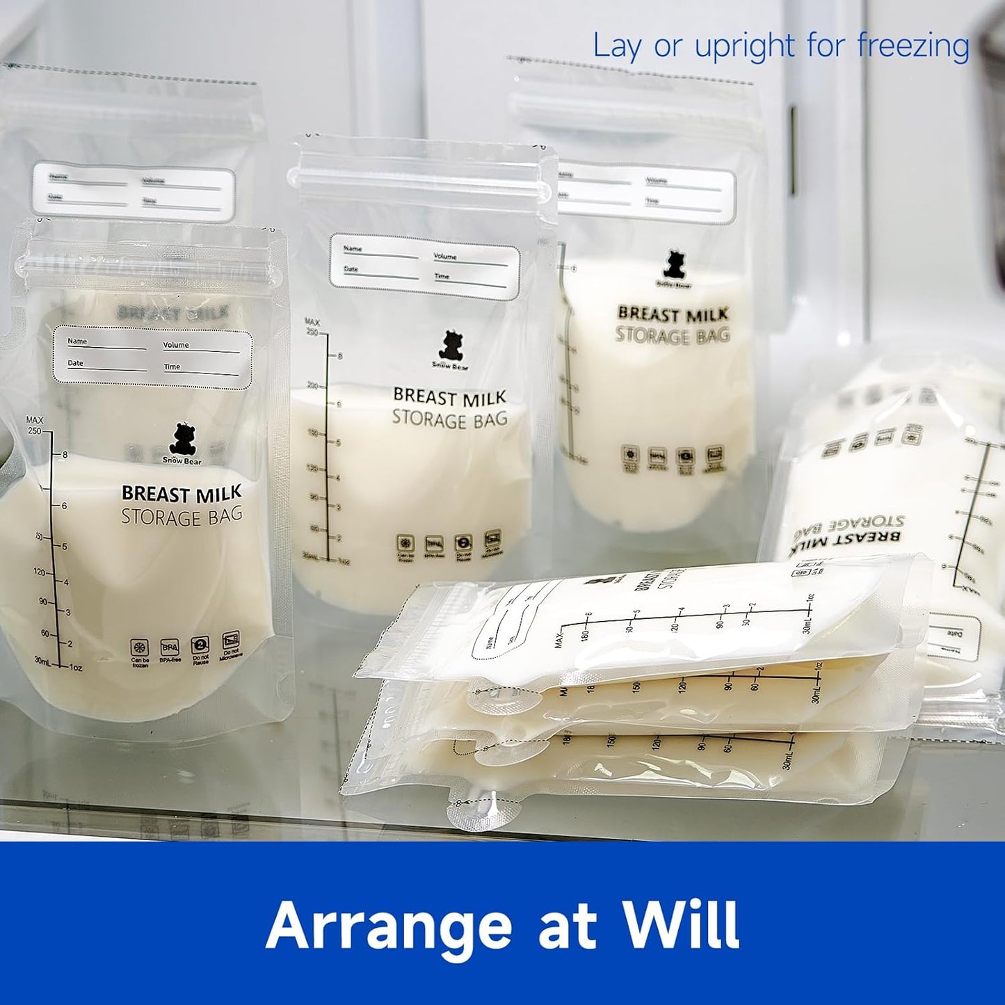 Snow Bear 8oz Breastmilk Storage Bag, 120 Count Breast Milk Storage Bags for Freezer, Double Zipper Milk Bags for Breastmilk