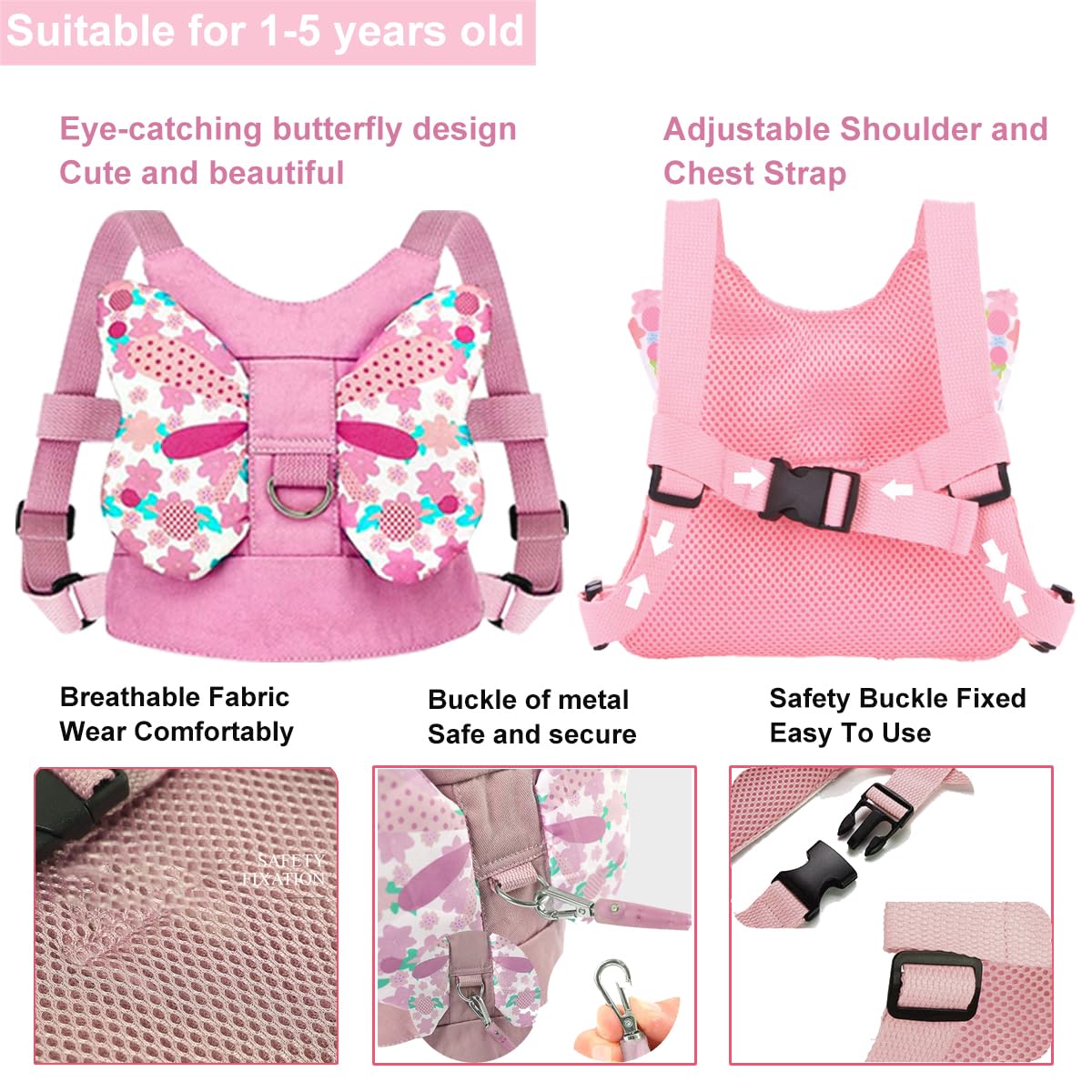 Anti Lost Toddler Harness - Butterfly Baby Leash and Wrist Link with Lock, Child Walking Harness Assistant for Girls, Cute Traction Safety Leash for Kids, Holiday Travel Christmas Gift, Pink