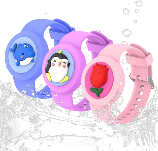 BoAn Waterproof Airtag Bracelet (3 Pack), Lightweight GPS Tracker Case Cover, Soft Silicone Hidden AirTag Wristband, Compatible with Apple Airtag Watch Band for Kids (Pink, Purple, Blue)