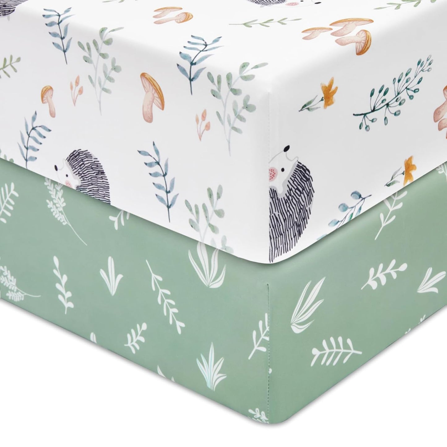 TILLYOU Baby Crib Sheets for Boys Girls, Super Soft Toddler Bed Sheets, 2 Pack Sheets for Standard Crib Mattress 28x52in, Hedgehog Garden and Green Leaves