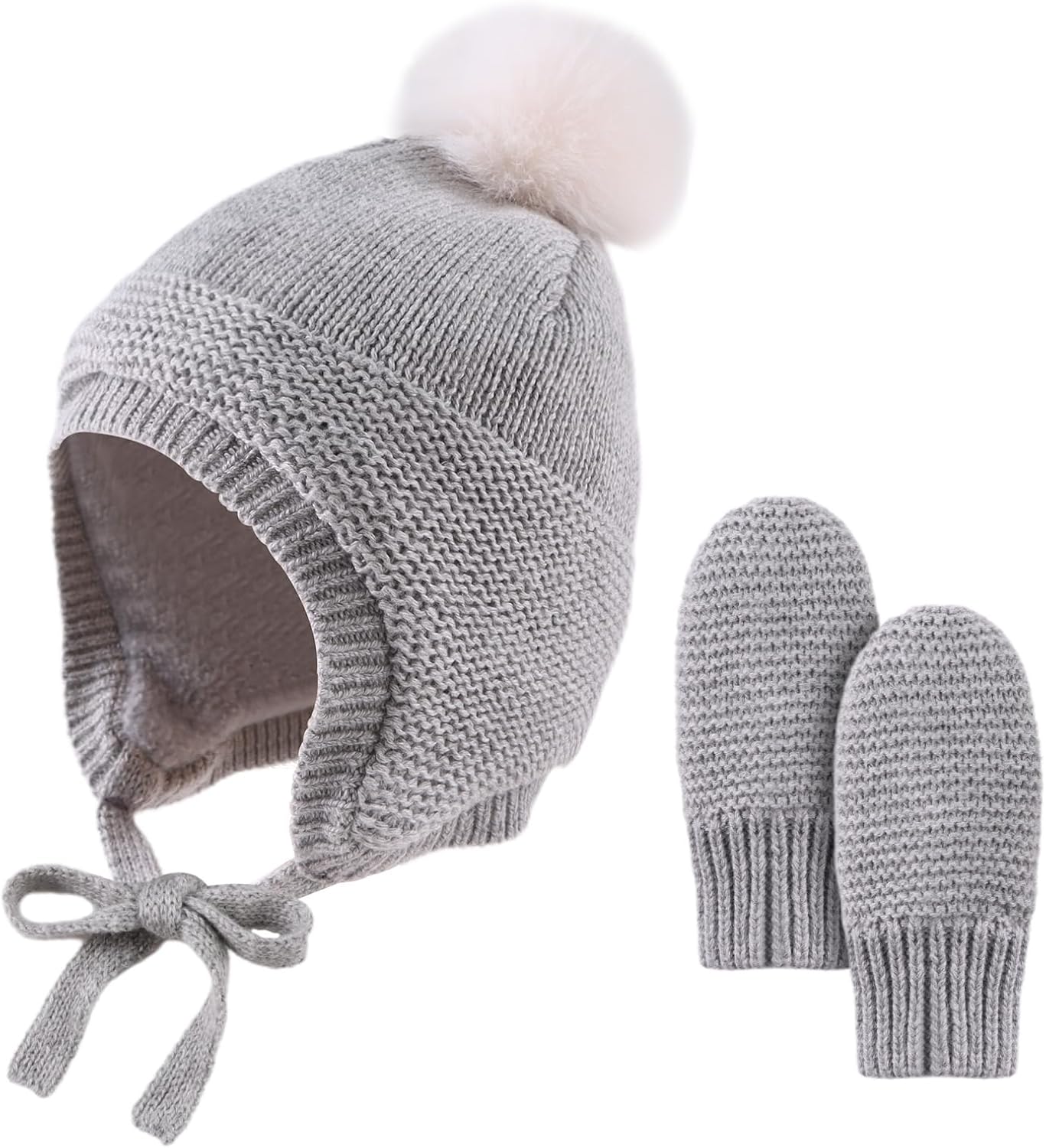 Basic Winter Baby Beanie Gloves Boys Girls Knitted Hat Pompom Kids Earflap Hats Warm Infant Toddler Beanie Mittens Set