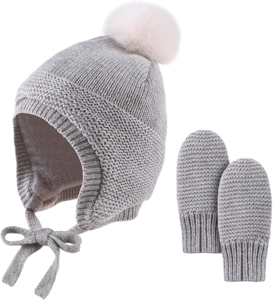 Basic Winter Baby Beanie Gloves Boys Girls Knitted Hat Pompom Kids Earflap Hats Warm Infant Toddler Beanie Mittens Set