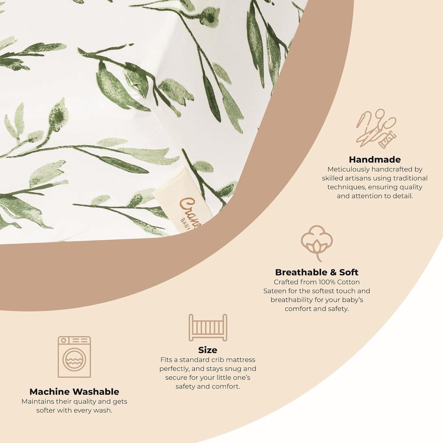 Crane Baby 100% Cotton Sateen Crib Sheet, Fitted for Cribs and Toddler Beds, Baby Crib Sheets, Baby Bedding for Boys and Girls, Green Leaf