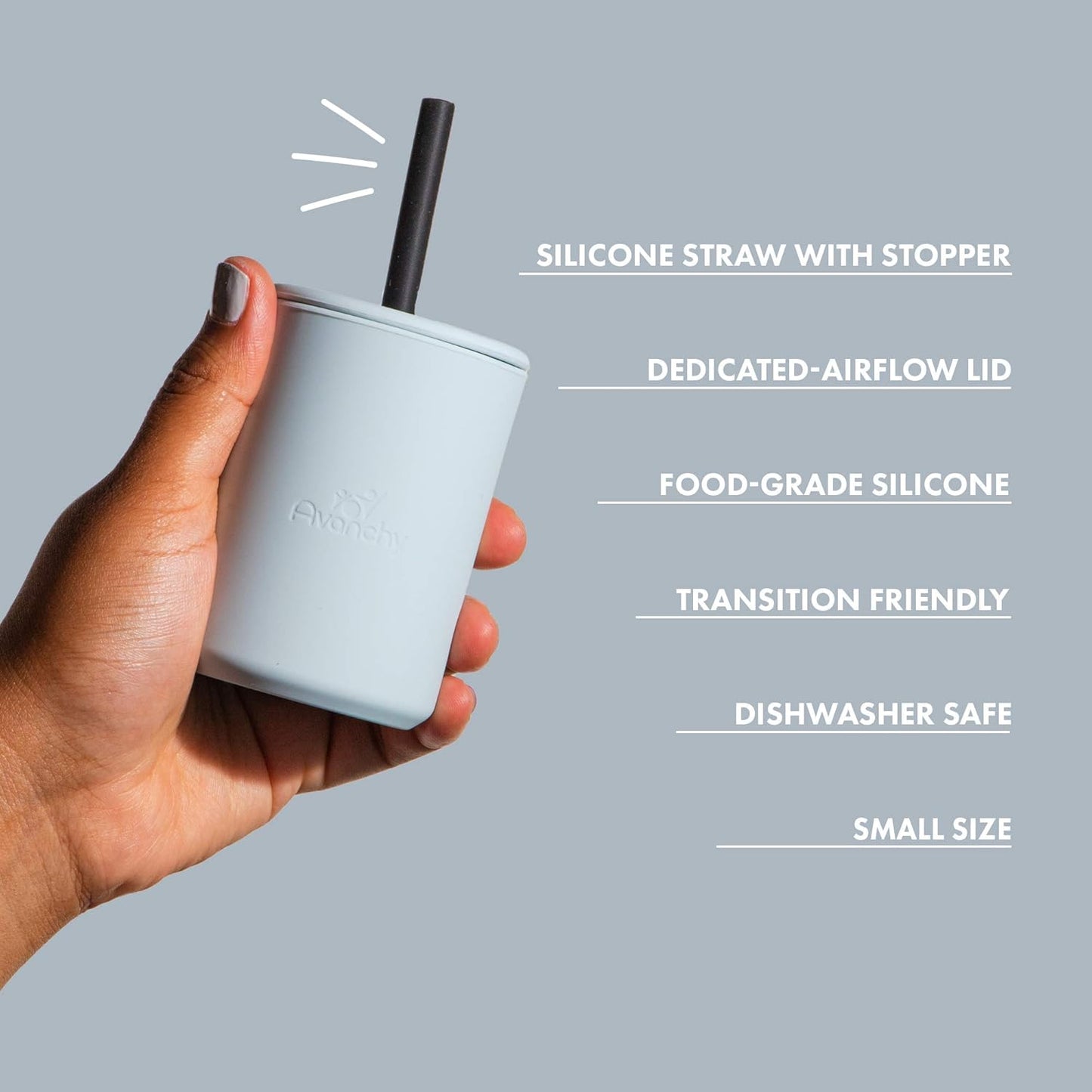 Avanchy Silicone Training Sippy Cup with Straw Lid – For Babies 6+ Months to Toddlers 1 Year Old – 8 oz Infant Water Cup for Baby Led Weaning, White + 5 Reusable Straws