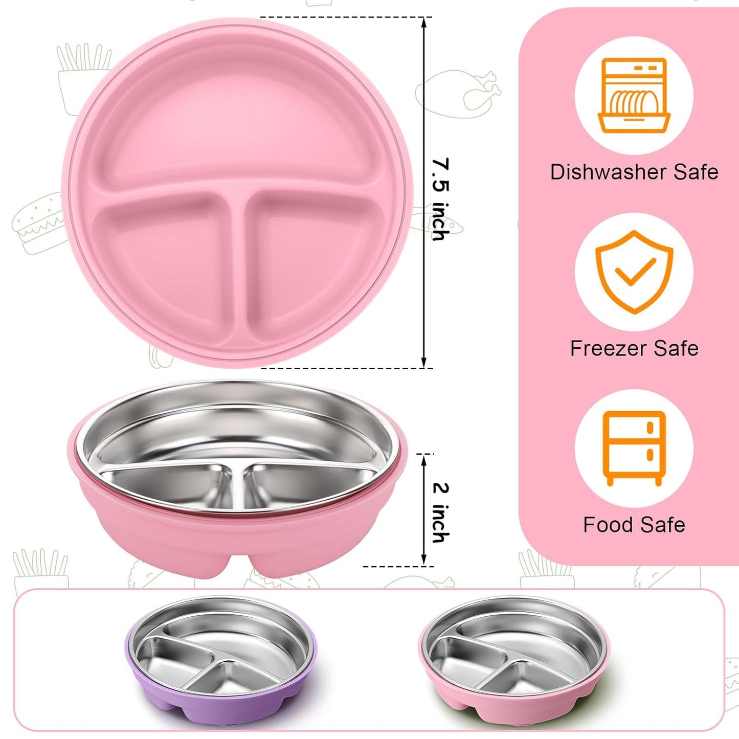 Nuogo 2 Pcs Stainless Steel Baby Suction Plates with Removable Silicone Shell 2-in-1 Metal Toddler Bowl Divided for Picky Eaters Kids Feeding Led Weaning Supplies, Dishwasher Safe (Purple,Pink)