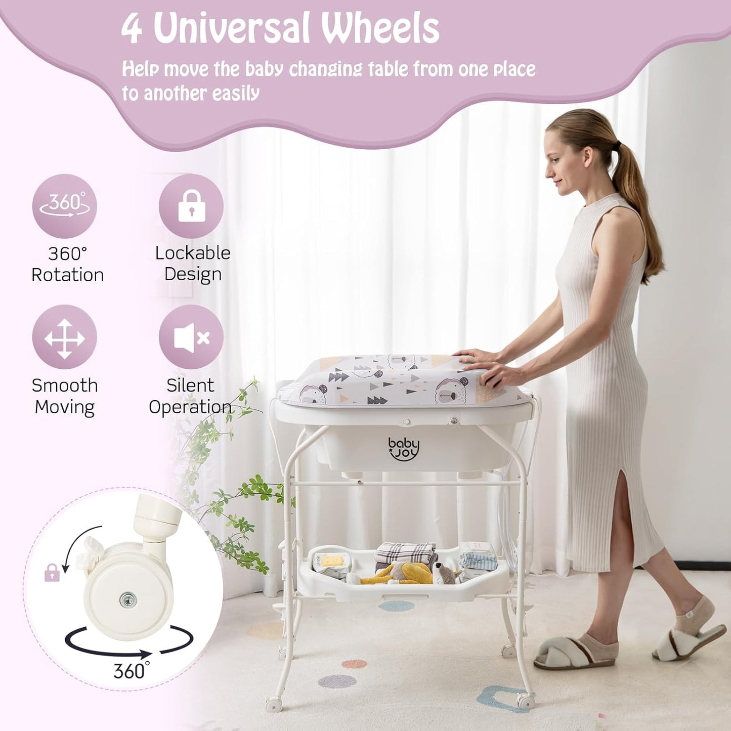BABY JOY Baby Bathtub with Changing Table, Foldable Infant Diaper Changing Station with Storage Tray, Waterproof Pad, Portable Newborn Nursery Organizer Bath Stand with 4 Universal Wheels (White)