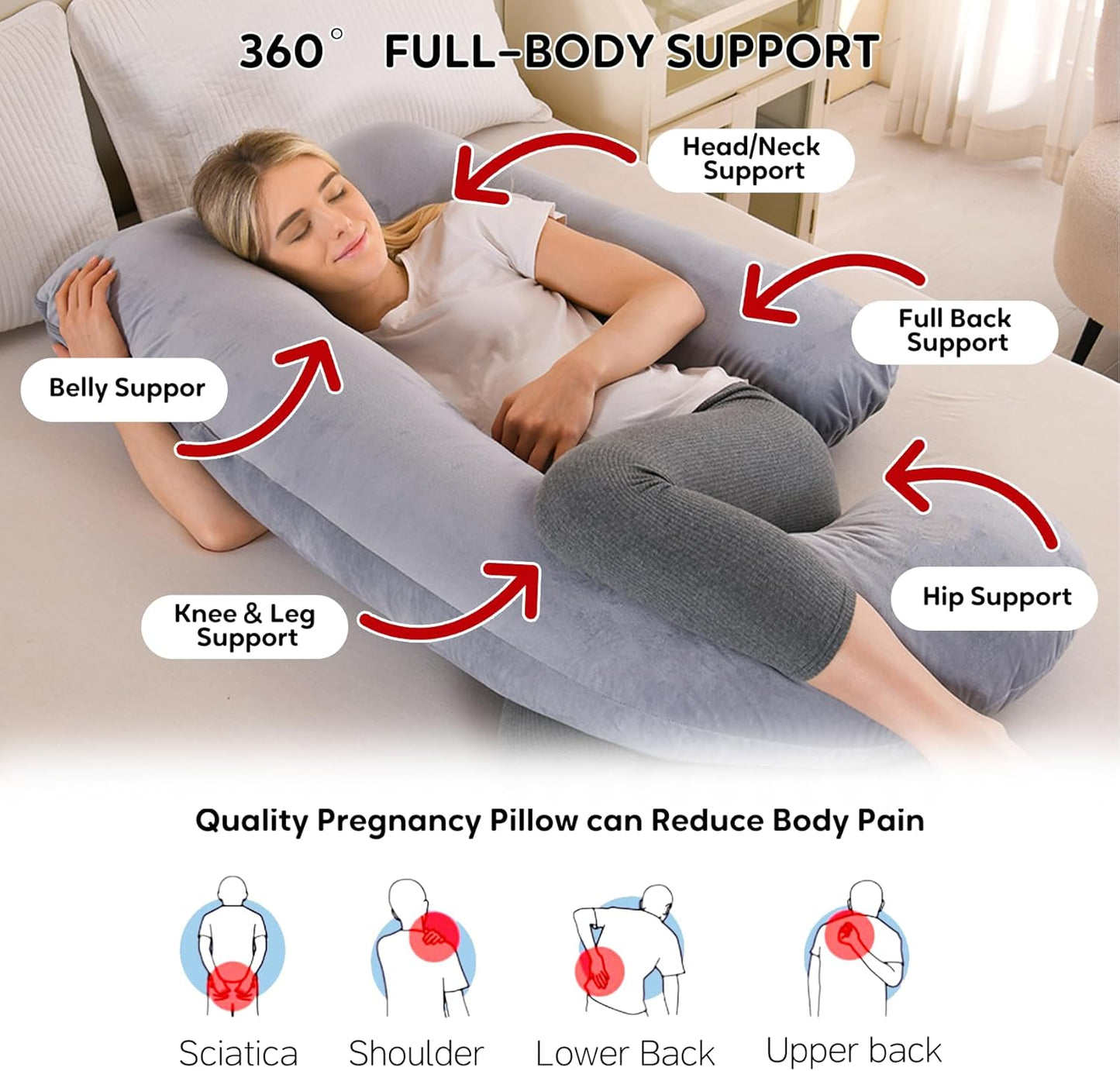 U-Shaped Pregnancy Pillow for Sleeping, Full Body Support for Back, HIPS & Belly - 57 Inch Maternity Pillow with Machine Washable Cover | Maternity Essential
