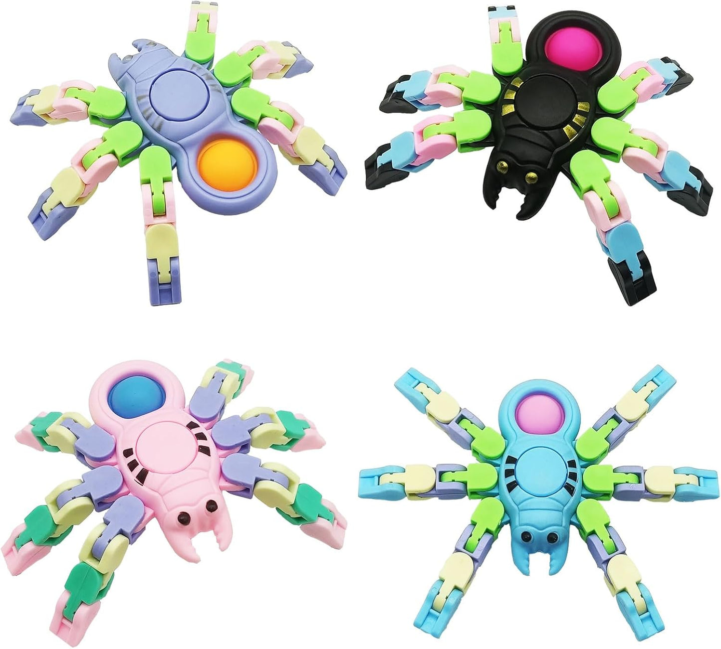 Sensory Fidgets Toys for Kids and Adults,4 Pack Transformable Fidget Spinners for Boys Girls, Chain Pop Spider Fingertip Toy for ADHD Autism for Kids Gifts, Random Color
