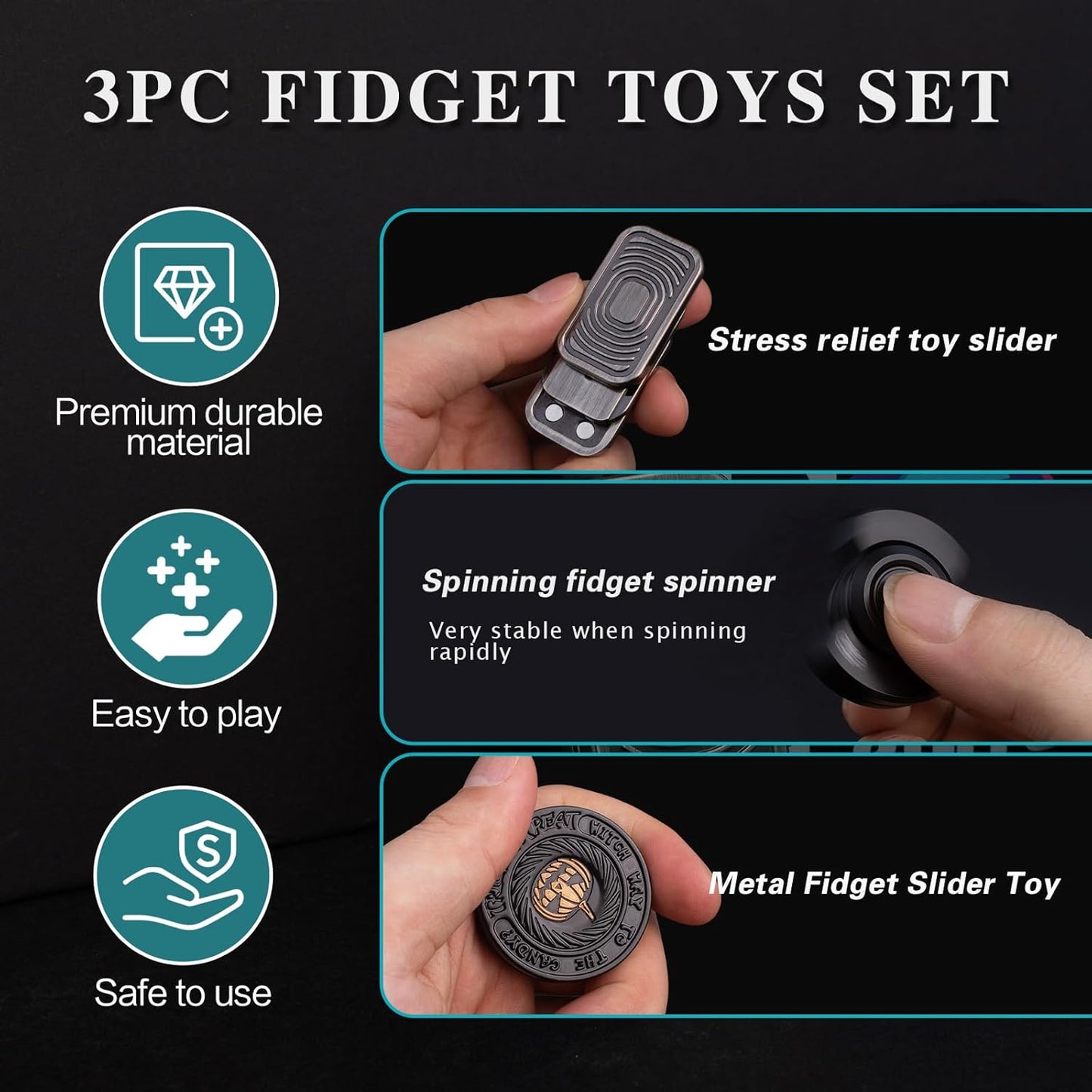 Fidget Toys Adults Pack, Metal Fidget Slider, Spinner and Haptic Coin, Decompression Metal EDC Cool Figette Toys for Adults Anxiety Relieve Stress, Greater Focus