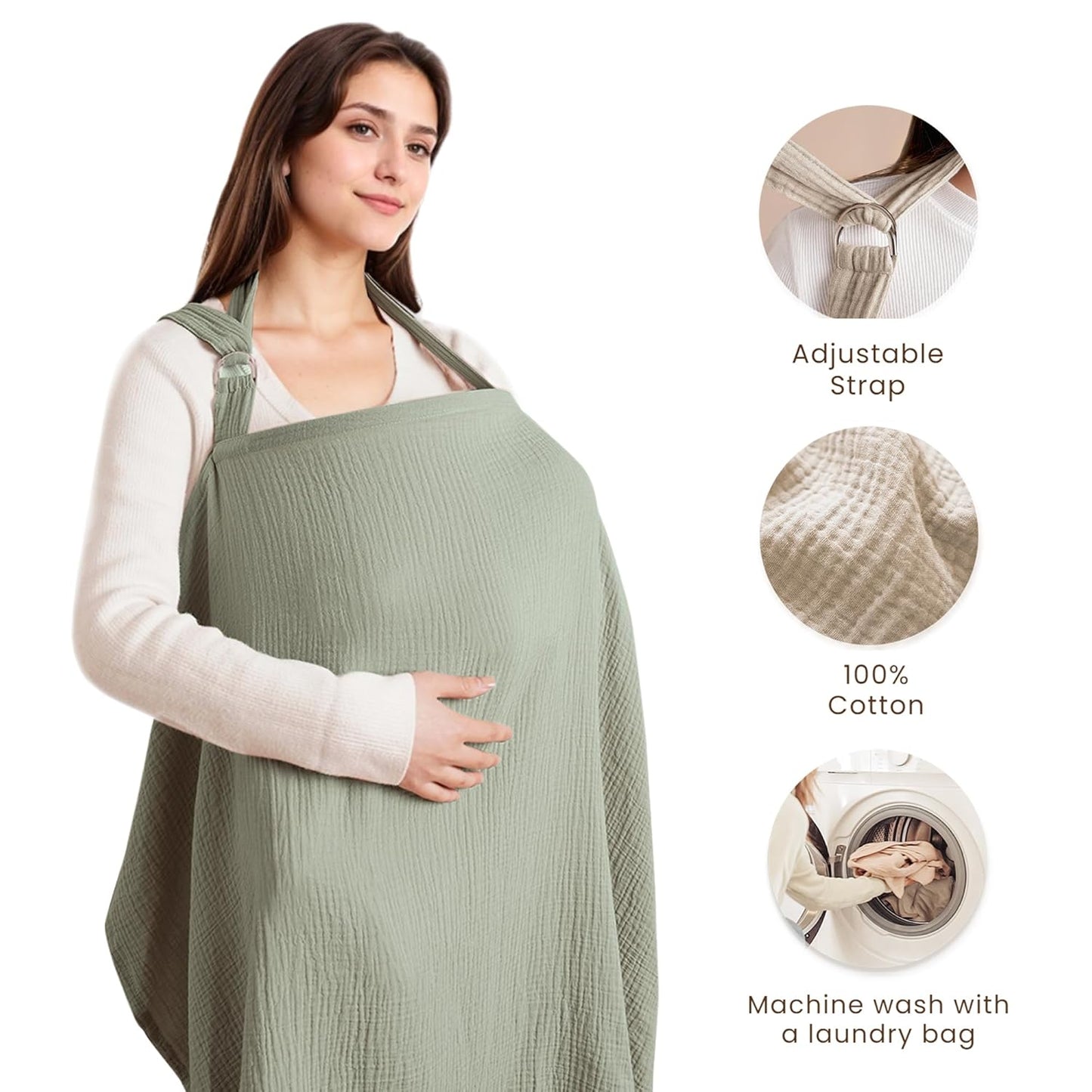 Konssy Muslin Nursing Cover for Baby Breastfeeding, Breathable 100% Cotton Breastfeeding Cover with Rigid Hoop for Mother Nursing Apron, Multi-use Carseat Canopy (Fog Green)