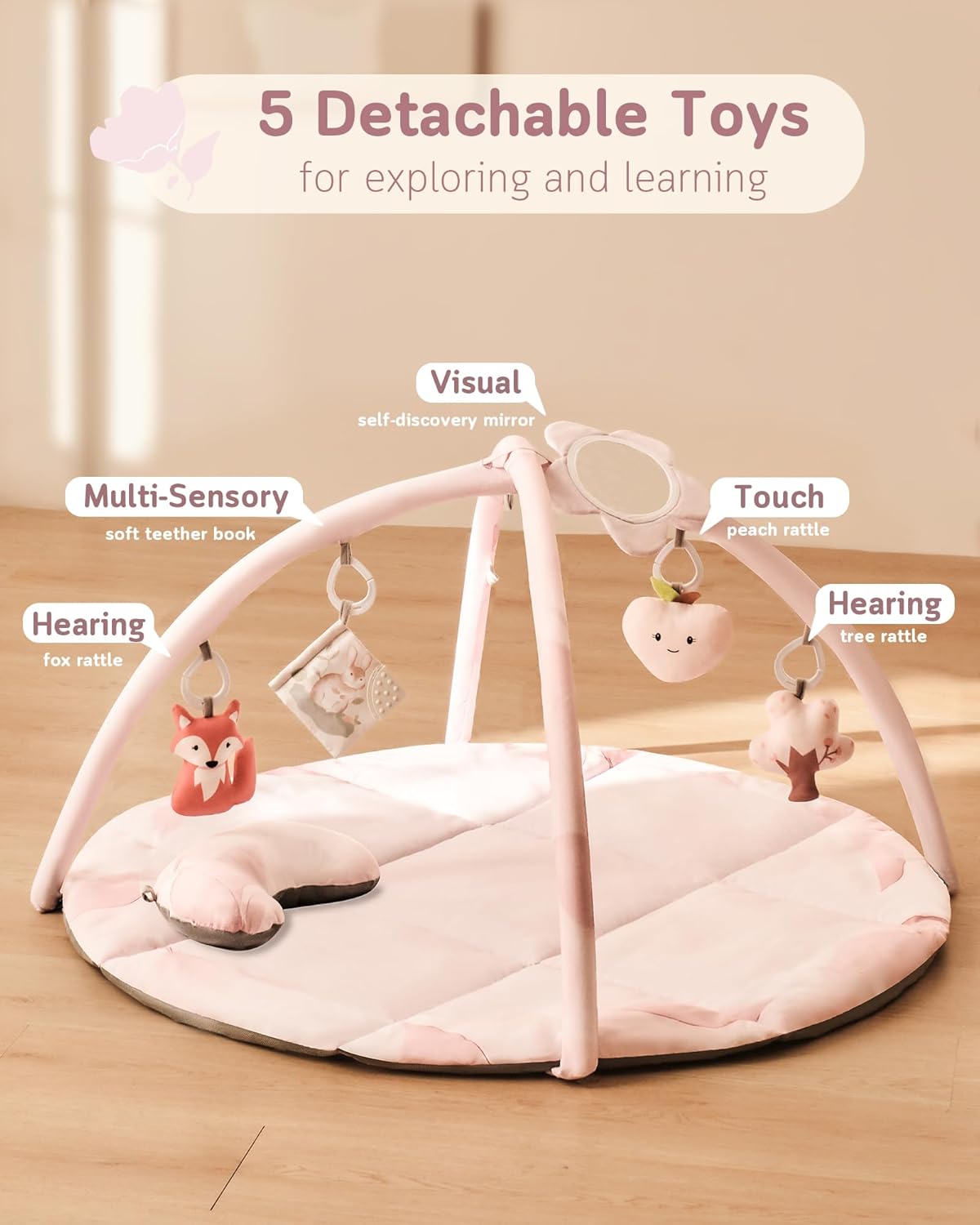 Fortella Baby Play Gym & Activity Mat, Tummy Time Mat w 5 Detachable Toys and Pillow, Large Sensory Playmat for Floor, Newborn Infant Baby Essentials Shower Gift 0-3-6-9-12 Months (Rose Pink)