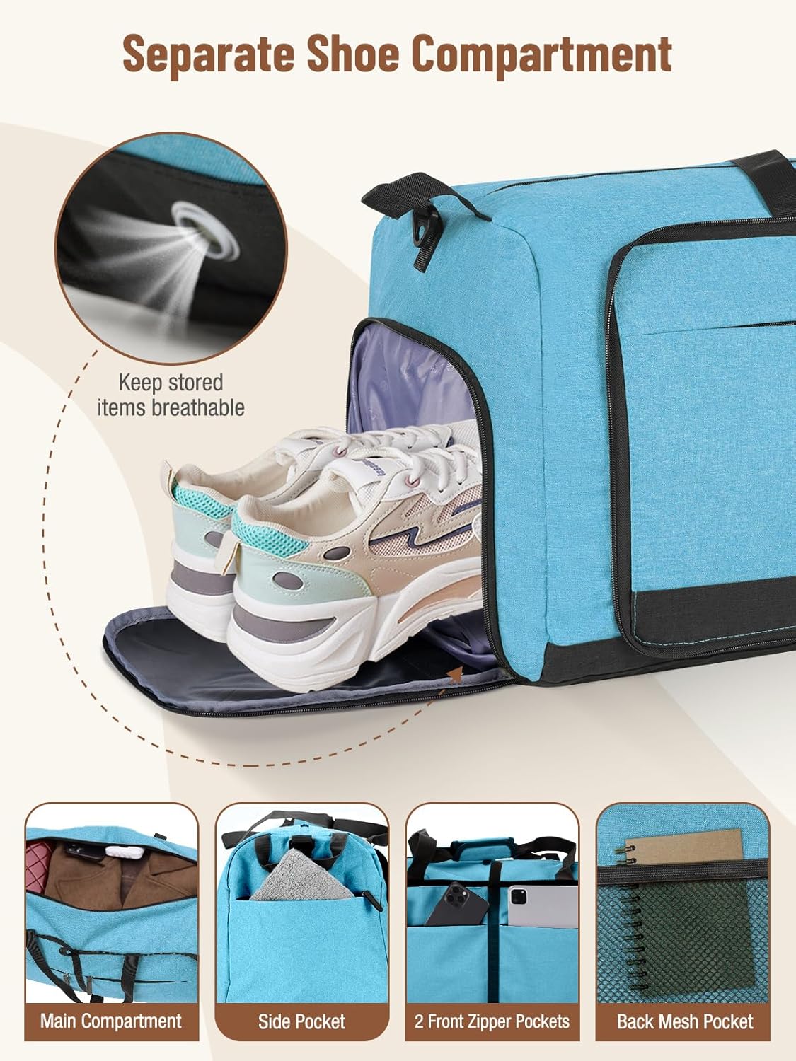 Lekesky Foldable Travel Duffel Bag for Women, 80L Large Duffle Bag with Separate Shoes Compartments & Straps, Carry On Weekend Bag for Women, Hospital, Overnight(Azure)