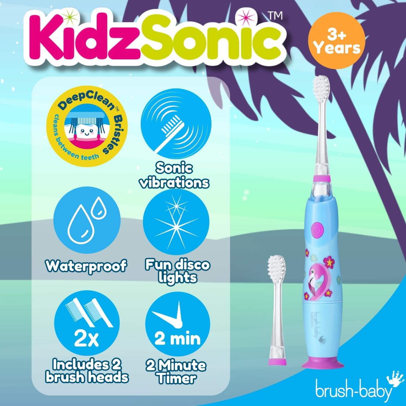 Brush‑Baby - KidzSonic Flamingo Kids Electric Toothbrush for Ages 3+ with Disco LED Lights, Gentle Sonic Vibrations, 2-Minute Smart Timer & 30‑Second Pulse Reminders – AAA Battery Included