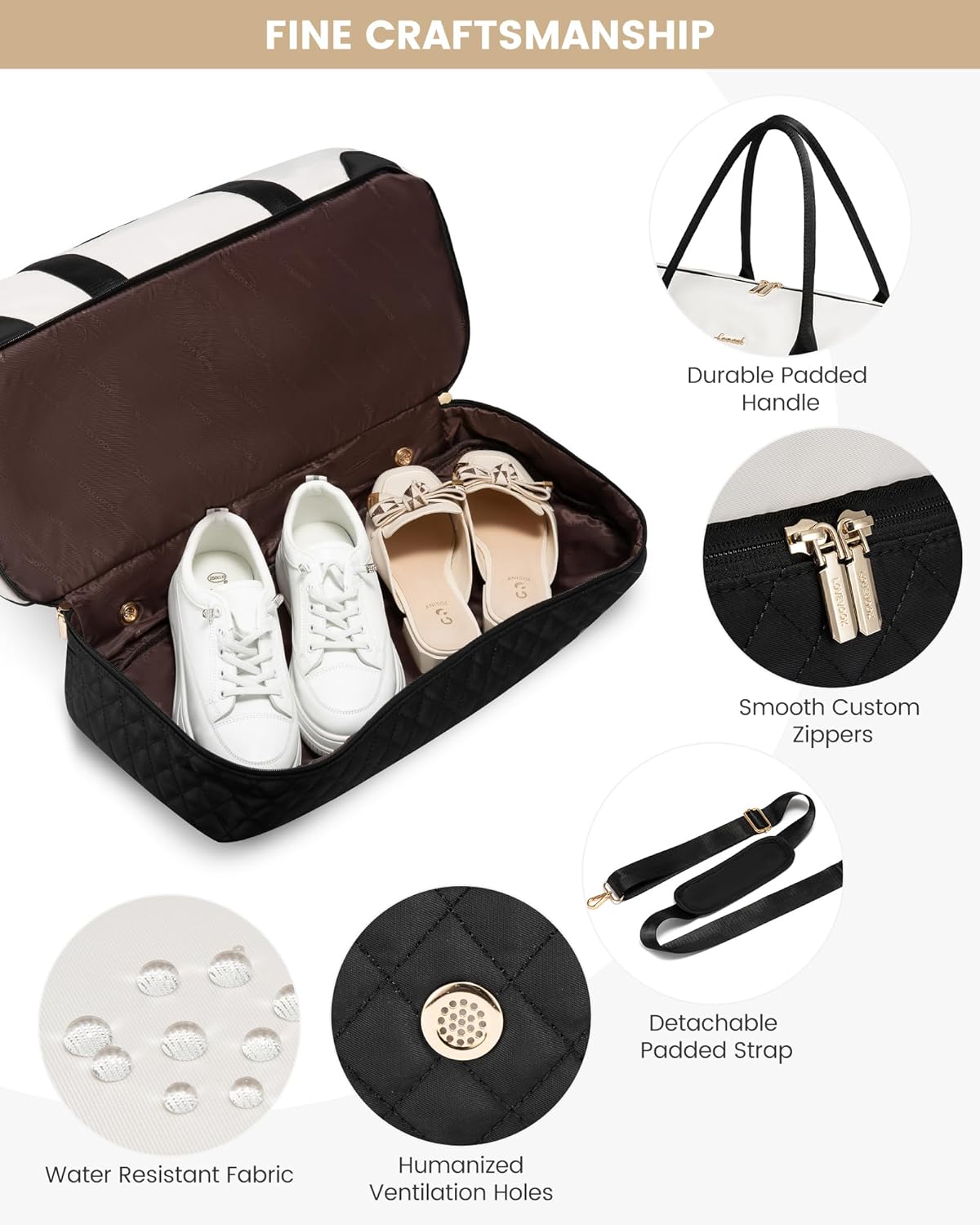 LOVEVOOK Women's 22" L x 14.5" H x 9.5" W Off White Nylon Travel Weekender Bag Set with Shoe Compartment, Wet Pocket, Trolley Sleeve & Shoulder Strap